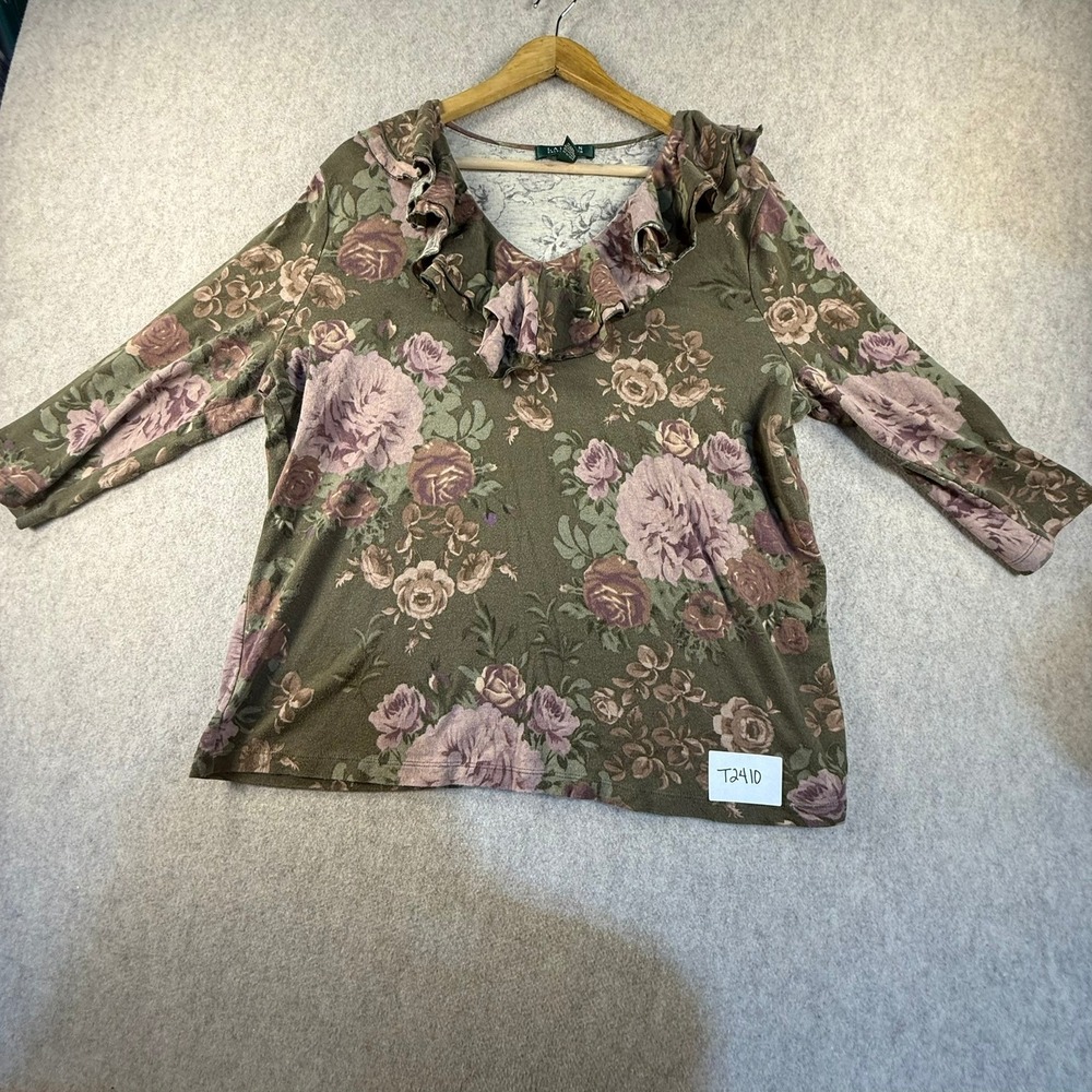 Lauren Ralph Lauren Floral Ruffle V-Neck 3/4 Sleeve Cotton Top Olive Green 2X